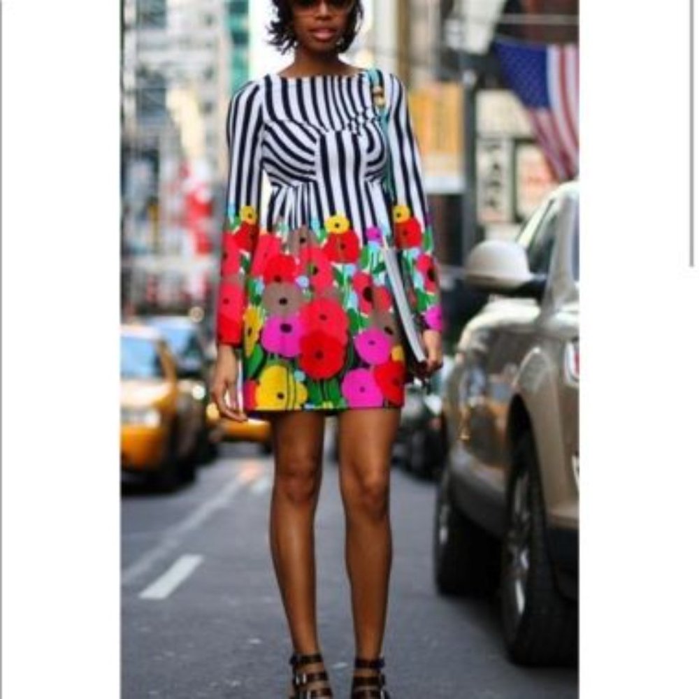 Tibi Black & White Stripe Floral Dress